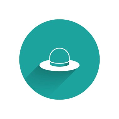 Kurdele ikonlu beyaz adam şapkası uzun gölge arkaplan izole. Yeşil daire düğmesi. Vektör