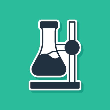 Blue Glass test tube flask on stand icon isolated on green background. Laboratory equipment.  Vector
