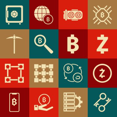 Şifreleme anahtarı, Zcash ZEC madeni para, madencilik çiftliği Bitcoin, Kazma, Güvenli ve ikonlu büyüteç. Vektör
