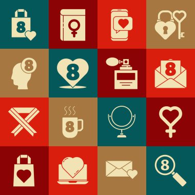 Arama 8 Mart, kadın cinsiyet sembolü, Çevrimiçi flört uygulaması ve sohbeti, Kalbi, insan kafasını, alışveriş torbası kalbini ve parfüm ikonunu ayarla. Vektör