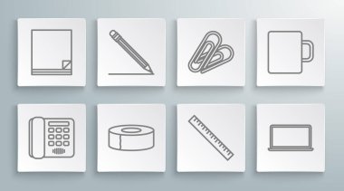 Telefon hattı, silgi ve satır ile kalem, Scotch, cetvel, dizüstü bilgisayar, ataç, kahve fincanı ve dosya belge simgesi. Vektör