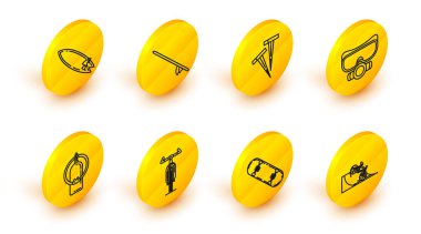 Bisikleti sokak rampasına, kaykay numarasına, Aqualung 'a, dalış maskesine, çadırlara, sörf tahtalarına ve ikona ayarla. Vektör