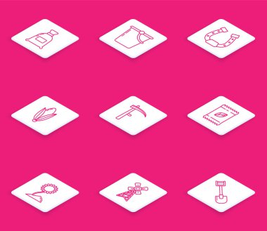 Sıra halinde un, Kova, At nalı, Mısır, Tırpan, Ayçiçeği ve Yel değirmeni ikonu. Vektör