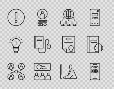 Çevrimiçi sınıf, cep telefonu, bilgisayar ağı, eğitim, sunum, bilgi, fareli elektronik kitap, çalışan öğrenci dizüstü bilgisayarı ve ses simgesi. Vektör