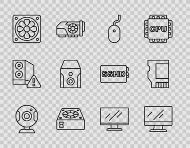 Hat web kamerasını, bilgisayar monitörünü, fareyi, fareyi, soğutucuyu, kesintisiz güç kaynağını ve SD kart simgesini ayarla. Vektör