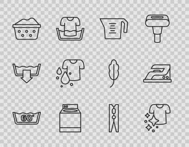 Düz çizgi yıkama, kurutma giysileri, ölçü kabı, çamaşır suyu dolu leğen, kirli tişört, elbise iğnesi ve elektrikli ütü ikonu. Vektör