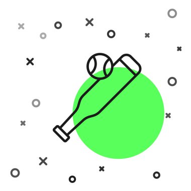 Beyaz zemin üzerinde top ikonu olan siyah çizgi beyzbol sopası. Vektör