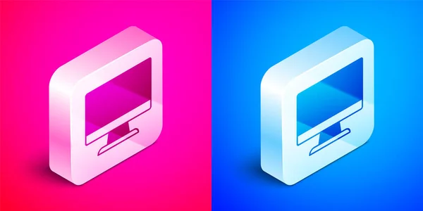 Isometric Computer Monitor Screen Icon Isolated Pink Blue Background Electronic — Stock Vector