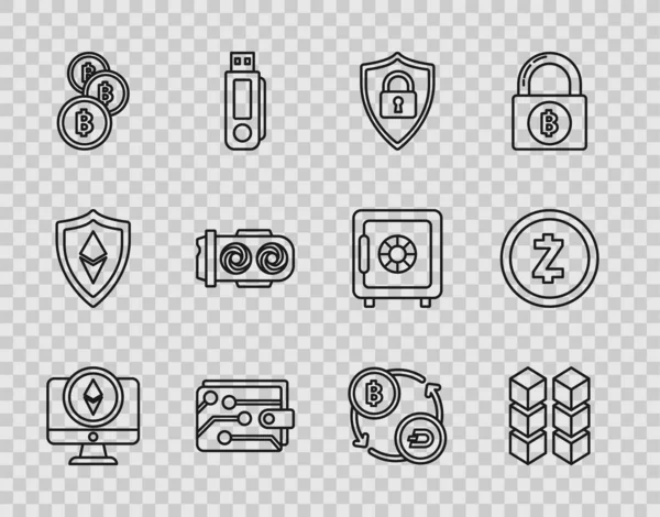 设置行监视器和加密货币硬币Ethereum Eth 锁链技术 盾牌安全 比特币 交换器和Zcash Zec图标 — 图库矢量图片