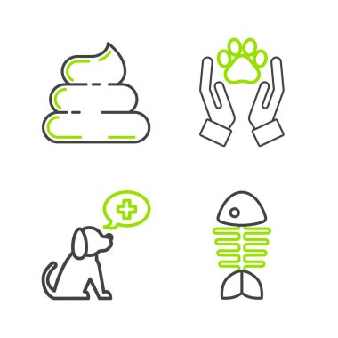 Set line Fish skeleton, Veterinary clinic symbol, Hands with animals footprint and Shit icon. Vector