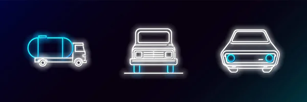 Встановити Лінію Автомобіль Танкер Вантажівка Значок Сяючий Неоновий Векторні — стоковий вектор