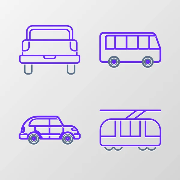 Ustaw Linię Tramwajową Kolejową Hatchback Samochód Autobus Pickup Truck Ikona — Wektor stockowy
