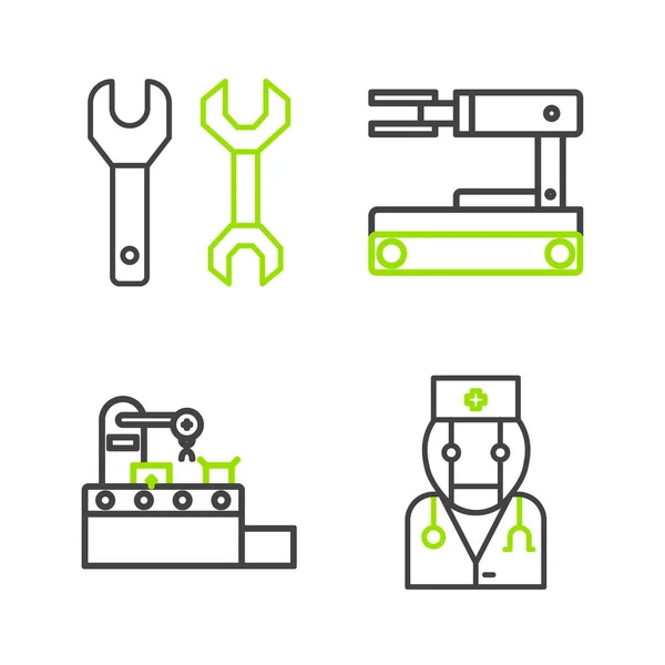 stock vector Set line Robot doctor, Factory conveyor system belt,  and Spanner icon. Vector