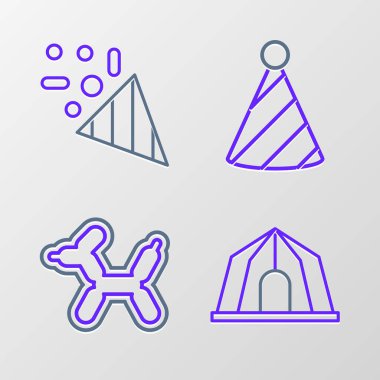 Sirk çadırı, balon köpeği, parti şapkası ve festival konfeti ikonu. Vektör