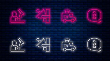 Radar hattı, TV haber aracı, suç haberleri ve bilgiler. Tuğla duvarda parlayan neon simgesi. Vektör