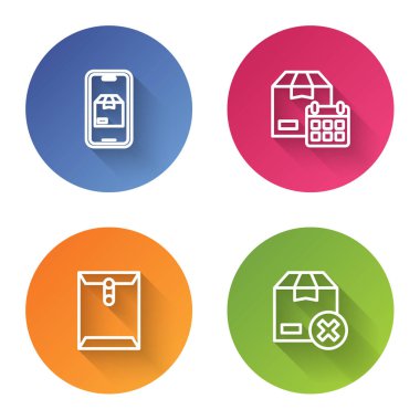 Satır Mobil uygulama dağıtım takibi, takvimli mukavva kutu, Zarf ve Karton karton. Renkli daire düğmesi. Vektör