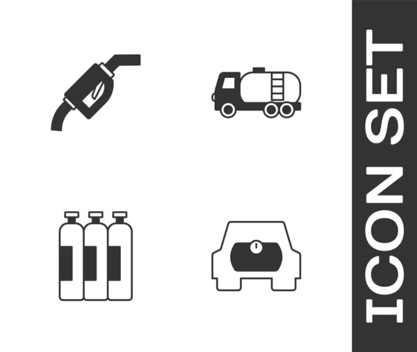Set Gastank Für Fahrzeug Benzinpumpe Düse Industriegasflasche Und Tankwagen Symbol — Stockvektor