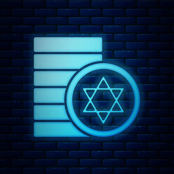 Ícone Moeda Judaica Neon Brilhante Isolado Fundo Parede Tijolo Símbolo — Vetor de Stock
