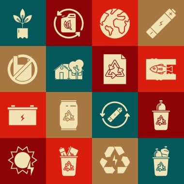 Geri dönüşüm kutusunu geri dönüşüm sembolüyle donat, okyanus plastik kirliliğini durdur, dünya küresi, çevre dostu ev, çanta posteri yok de, bitki şişesi ve kağıt ikonu. Vektör
