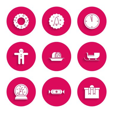 Badem ezmeli kek, şeker, hediye kutusu, Noel Baba kızağı, kar küresi, bayram zencefilli kurabiye, saat ve çelenk ikonu. Vektör