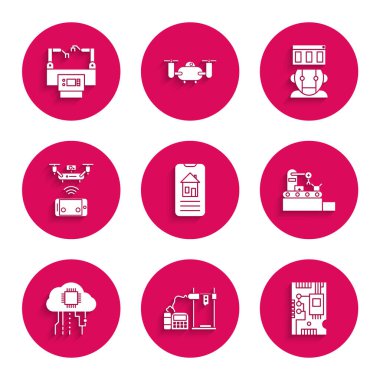 Smart Home, 3D yazıcı, Elektronik bilgisayar bileşenleri dijital çip, fabrika taşıma sistemi kemeri, internet, uzaktan kumandalı hava aracı, Robot ve Assembly hat simgesi. Vektör