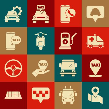 Katlanmış haritayı konum işaretleyicisi, harita işaretleyici taksi, ambulans ve acil durum arabası, taksi çağrı servisi, Scooter, Araba ve Benzin istasyonu simgesi ile ayarlayın. Vektör