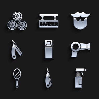 Traş köpüğü, jilet, jilet, saç spreyi şişesi, kurutma makinesi, el aynası, bıyık sakalı ve havlu rulo ikonu. Vektör