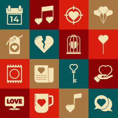 Kalp 'i konuşma balonunda ayarla, Balonlar kalp şeklinde, merkez dartlar hedef, kırık boşanma, etiket, Takvim ile 14 Şubat ve kuş kafesi ikonu. Vektör