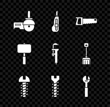 Açı öğütücü, kırtasiye bıçağı, el testeresi, metal vida, ayarlanabilir anahtar, Balyoz ve Calliper ya da kalibre ikonu. Vektör