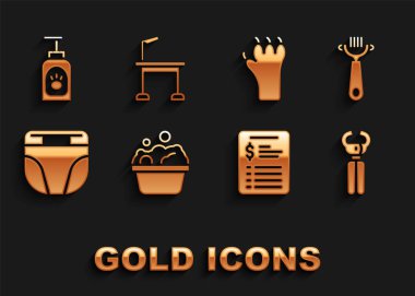 Evcil hayvan banyosu, kedi ve köpek için saç fırçası, tırnak makası, Bakım salonu fiyat listesi, bebek bezi, pençe izi, şampuan ve tımar masası ikonu. Vektör