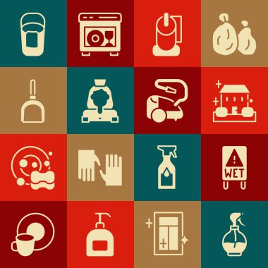 Su püskürtme şişesi, ıslak zemin, ev temizleme servisi, tuvalet kağıdı rulosu, temizlikçi kadın, faraş, paçavra ve elektrikli süpürge ikonlu kova. Vektör