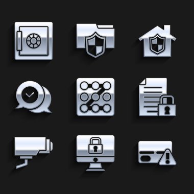 Grafik şifre korumasını, kilit monitörünü, kredi kartını, belge ve kilidi, güvenlik kamerasını, konuşma balonunda denetim işaretini, Altındaki Ev ve Güvenli simgesini ayarla. Vektör