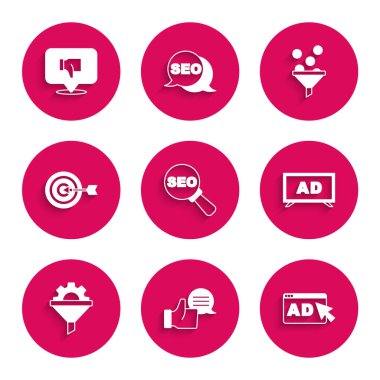 SEO optimizasyonunu, Müşteri Ürünleri sınıflandırmasını, Reklamcılığı, Satış hunisini teçhizatlı olarak ayarla, Hedef, Öncü Yönetim ve Sevmediğiniz konuşma balonu simgesi. Vektör