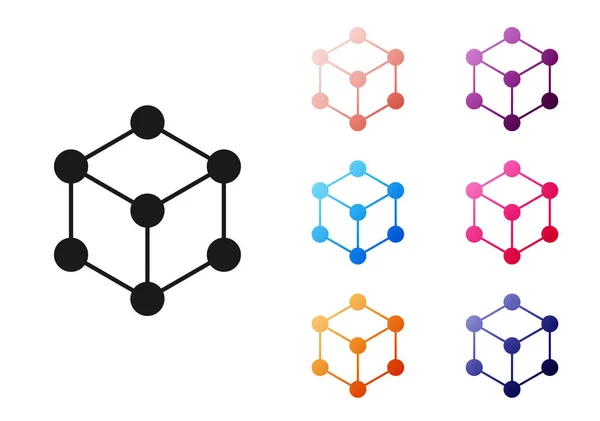Zwarte Molecule Pictogram Geïsoleerd Witte Achtergrond Structuur Van Moleculen Chemie — Stockvector