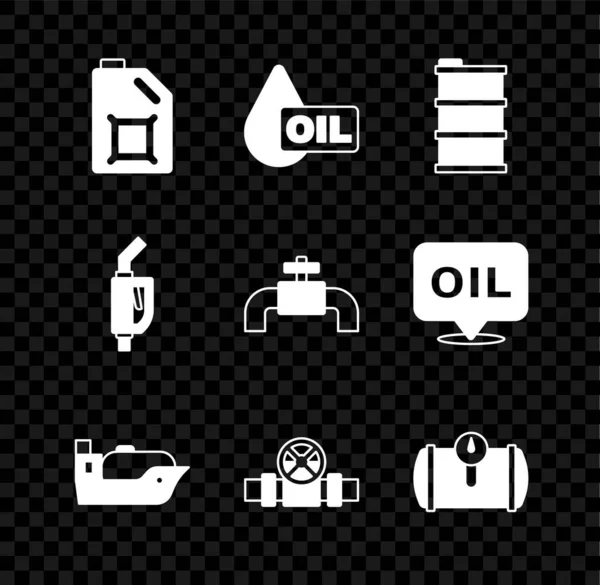 为发动机机油 金属管和阀门 气体燃料车辆 汽油泵喷嘴和图标设置罐体 — 图库矢量图片