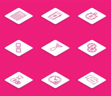 Satır hesap makinesi, dolar sembollü akıllı telefon, zaman para, zincir halkası, kravat, sikke, para çantası, para çantası ve simge. Vektör