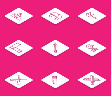 Tuzak avcılığı, Avcı şapkası, Uçan Ördek, Kartuş, Hippi oku, iki çapraz av tüfeği ve Titrek ok ikonu. Vektör