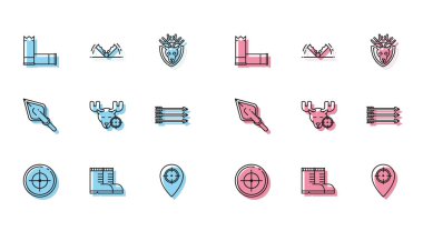 Atış müsabakaları için hedef alın. Avcı botları, kartuşlar, yer, hedefli geyik, Hippi okları, bahşiş ve tuzak avlama ikonu. Vektör