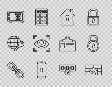 Hat bağlantısı, güvenlik duvarı, korunan ev, kilitli akıllı telefon, güvenli göz taraması, şifre ve güvenlik erişimi ve kilit simgesi. Vektör