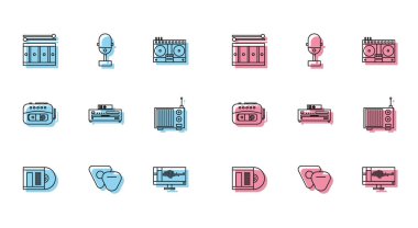 Vinil disk, gitar penası, bateri çubuklu davul, ses veya ses kaydedici, müzik CD çalar, radyo anteni, teyp ve mikrofon simgesini ayarlayın. Vektör