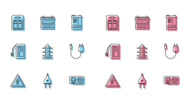 Hat yüksek gerilim levhası, elektrik prizi, pil, elektrik prizi, elektrik direği hattı, şarj aleti ve araba aküsü ikonu. Vektör