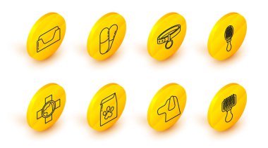 Köpek ve kedi için çizgi saç fırçası, köpek, yiyecek çantası, veteriner kliniği sembolü yakalı yaka kartı, haplar ve evcil hayvan yatağı ikonu. Vektör