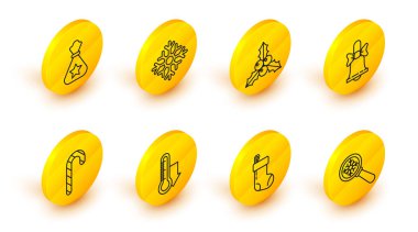 Kar taneli büyüteç, Meteoroloji termometresi ölçümü, şeker kamışı şeritleri, mutlu zil, dal viburnum guelder gülü, kar tanesi ve Noel Baba hediye ikonu. Vektör