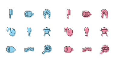 Salami sosisi, domuz pastırması, et dilimi, kızartma tavasında biftek, tavuk budu, ızgara, kızarmış tavuk kanadı ve ikon. Vektör