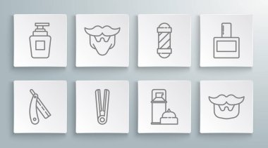 Düz çizgi, bıyık ve sakal, saç maşası, tıraş jölesi köpüğü, klasik berber dükkanı direği, tıraş losyonu ve şampuan ikonu. Vektör