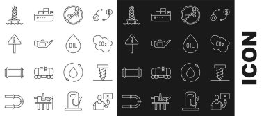Doğa koruma protestosu, döner sondaj çukuru, CO2 emisyon bulutu, sigara içme yasağı, motor yağı tenekesi, ünlem işareti üçgeni, ateş ve ikon yüklü petrol platformu. Vektör