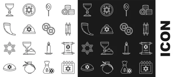 Set Line Calendrier Juif Avec Étoile David Rouleau Torah Ruban — Image vectorielle