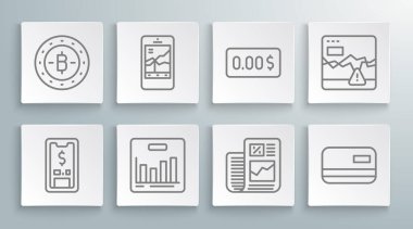 Hattı dolar, hisse senedi ticareti, pasta grafiği, iş finans raporu, kredi kartı, sıfır maliyet, iflas borsası ve Bitcoin ikonu ile ayarla. Vektör