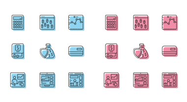 Satır Ticareti kursları, Hesaplayıcı, büyüme grafikli web sitesi, Kalkan ve para çantası, Kredi kartı, Finansal kitap ve Bitcoin tarayıcı simgesi. Vektör