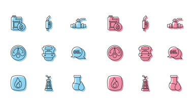 Ateş hattını, petrol kulesini, motor yağı tenekesini, benzin test tüpünü, tanker gemisini, Word 'ü, motor benzini göstergesini ve benzin pompası ikonunu ayarlayın. Vektör